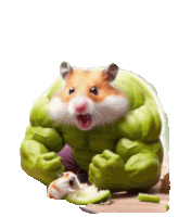 a hamster dressed up as the hulk is eating a piece of apple .