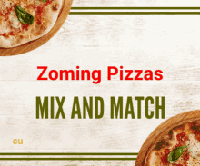 a pizza on a wooden cutting board with the words zoming pizzas mix and match on the bottom