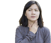 a woman is holding her throat with her hand because she has a sore throat .