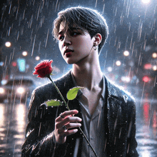 a man holding a rose in the rain