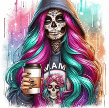 a woman with sugar skull makeup on her face is holding a cup of coffee .