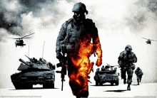 a poster for battlefield 2 showing soldiers and vehicles