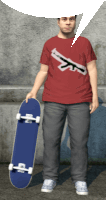 a man wearing a red shirt with a gun on it holds a blue skateboard