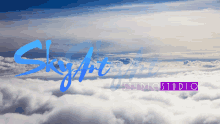 a blue sky with clouds and the word skylight studio in purple