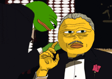 a cartoon of a man in a tuxedo with a yellow face and a green face behind him