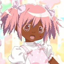 a drawing of a girl with pink hair and a bow on her head