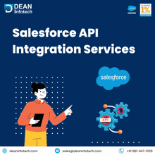 an advertisement for salesforce api integration services shows a woman pointing