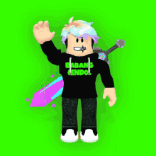 a roblox character with a sword and a shirt that says ebanf endo