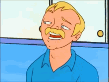 a cartoon of a man with a mustache and a blue shirt making a funny face