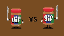 a pixel art of a jar of jif peanut butter holding a knife