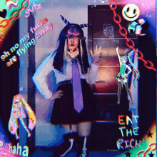 a girl with horns and a tie is standing in front of a door with the words oh no my fucks are flying away