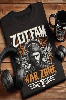 a black t-shirt that says zotfam war zone on it