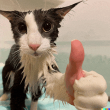 a black and white cat is giving a thumbs up sign