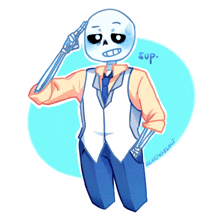 a drawing of a skeleton wearing a suit and tie with the word sup written below him