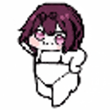 a pixel art drawing of a girl with purple hair and pink eyes