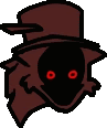 a cartoon drawing of a ghost with red eyes and a hat .