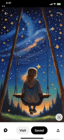 a painting of a girl sitting on a swing under a starry night sky