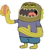 a cartoon character is holding a hot dog with his mouth open