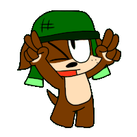 a cartoon dog wearing a green hat and scarf gives a peace sign