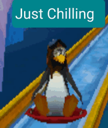 a picture of a penguin on a sled with the words just chilling below it