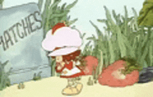 strawberry shortcake is standing next to a bag of matches in a field .