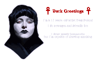 a drawing of a woman with red eyes and the words dark greetings on the bottom