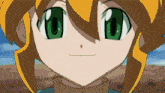 a close up of a cartoon character with green eyes and orange hair