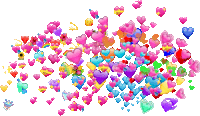 a bunch of different colored hearts are floating in the air