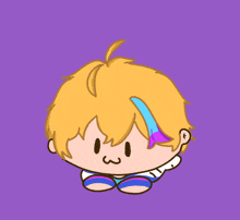 a drawing of a boy with yellow hair and a purple and blue stripe in his hair