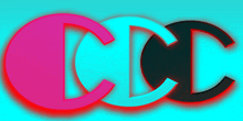 the letters cc are displayed in different colors on a blue background