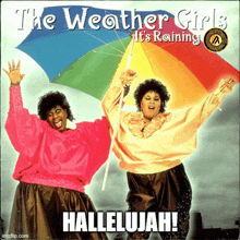 a poster for the weather girls shows two women holding an umbrella