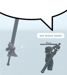 a person holding a sword and a gun with a speech bubble that says size doesnt matter .