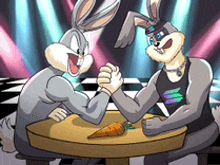 two cartoon rabbits are arm wrestling over a carrot