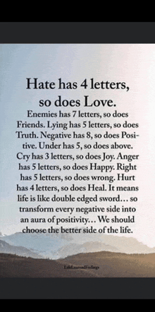 a quote about hate has 4 letters , so does love .