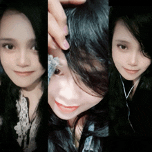 a collage of three pictures of a girl with long black hair