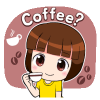 a cartoon girl drinking a cup of coffee with the words " coffee " behind her