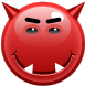 a red devil face with horns and teeth is smiling .