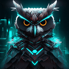 a futuristic owl with glowing eyes and a blue stripe on its chest