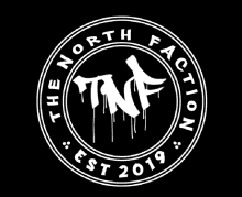 the logo for the north faction is white on a black background and has graffiti on it .