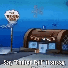 a cartoon scene from spongebob squarepants with a sign that says the krabby krab