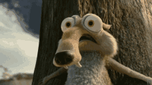 a cartoon squirrel with big eyes is leaning against a tree trunk