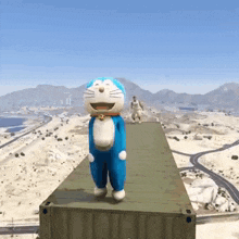 a cartoon character is standing on top of a shipping container in the desert