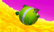 a green ball with trees and a house on it is flying through the air