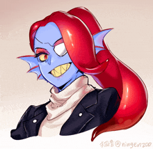 a drawing of a girl with red hair and a blue face has the hashtag ningen200 at the bottom