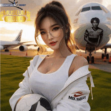 a woman is holding a soccer ball in front of an airplane with the words museum bola on it