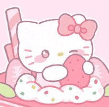 hello kitty is eating a heart shaped strawberry on a plate .