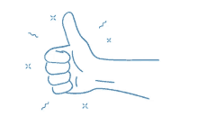 a blue line drawing of a hand giving a thumbs up sign