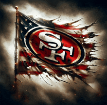 a torn american flag with the san francisco 49ers logo