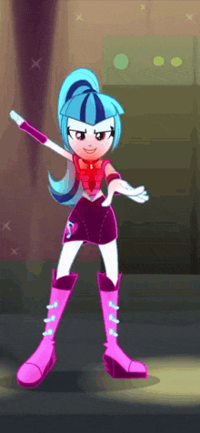 a cartoon girl with blue hair and pink boots is dancing on a stage