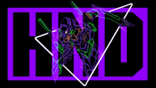 a neon drawing of a robot with the letters hnd in the background